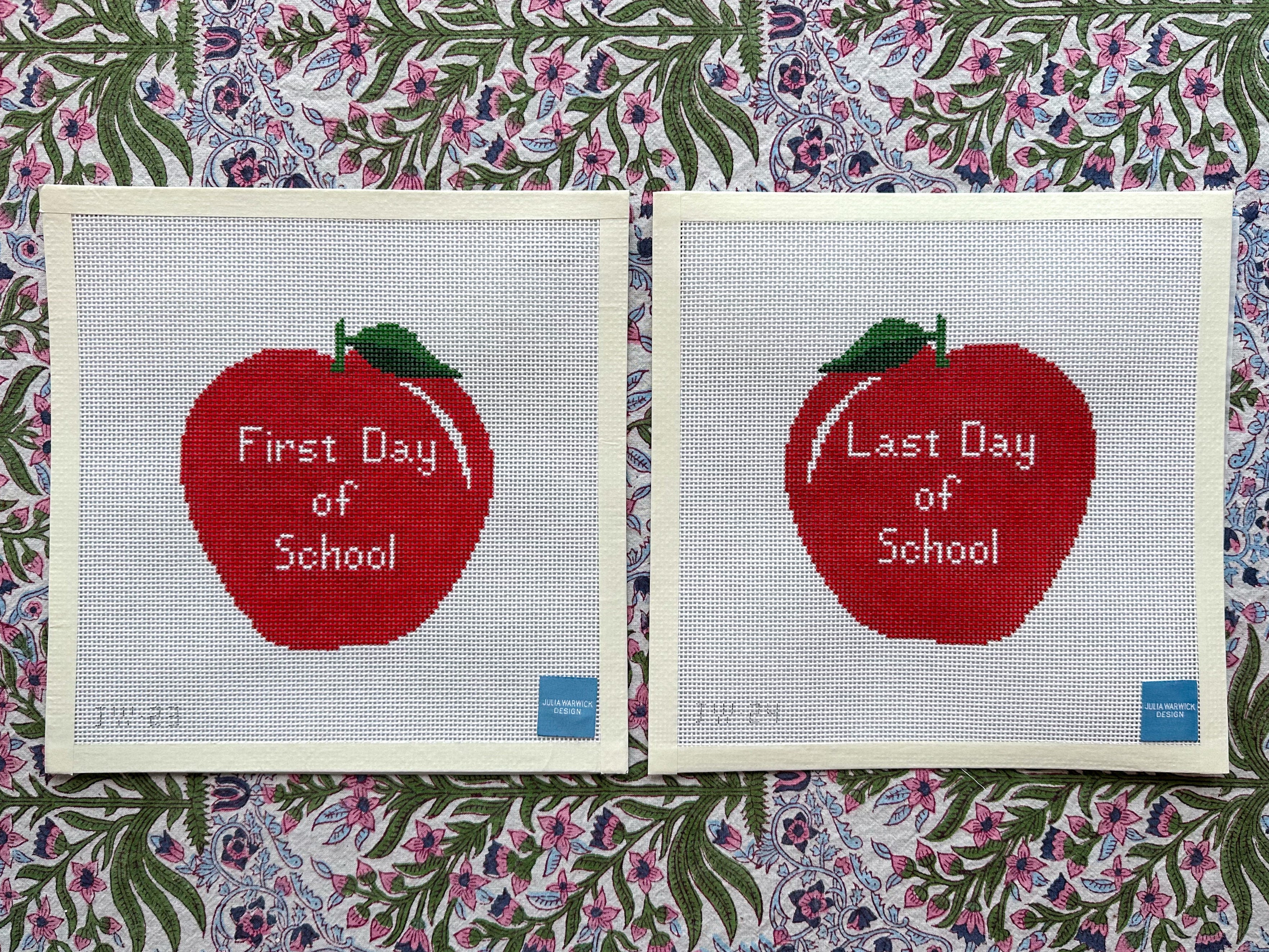 First and Last Day of School Needlepoint Canvas Apple Shaped by Julia Warwick Design